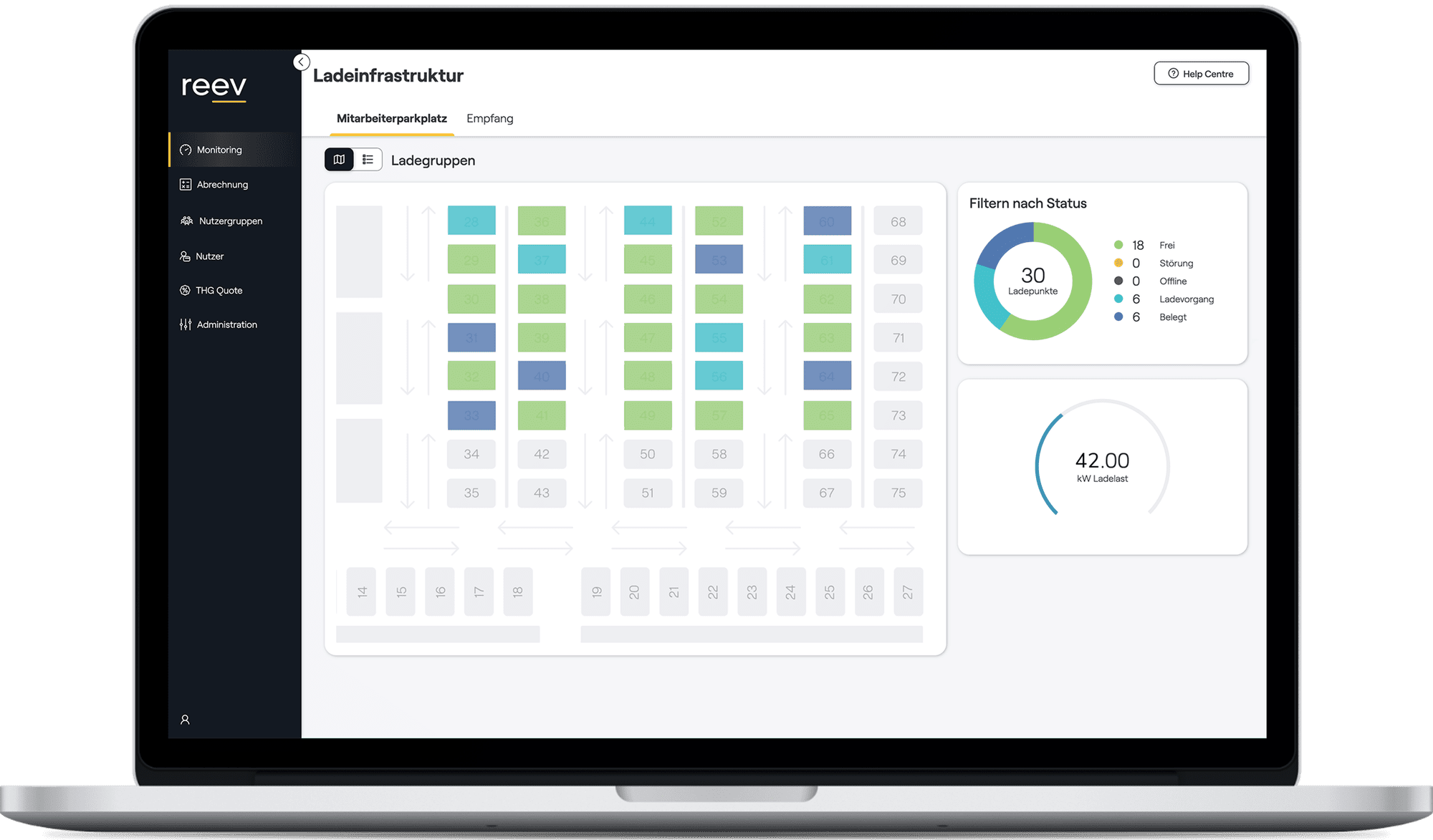 Zugriff auf reev Software über den Laptop zur Überwachung der Ladeinfrastruktur.
